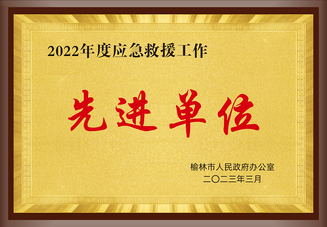 2023年3月榆林人民当局办公室 授予榆林市榆阳j9国际站备用袁大滩矿业有限公司 2022年杜爪急接济工作 先进单元.png